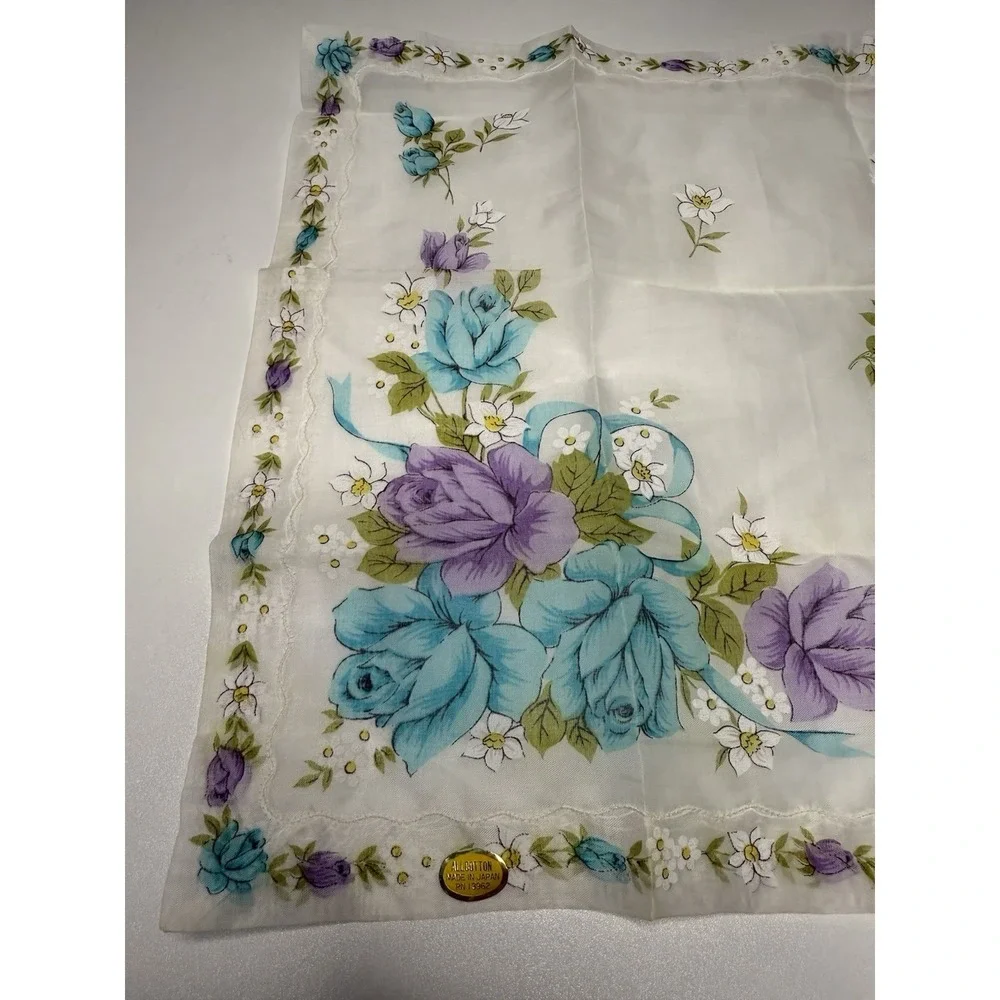 Vintage Japanese Floral Handkerchief‎ All Cotton Blue Purple Flowers 14x14
